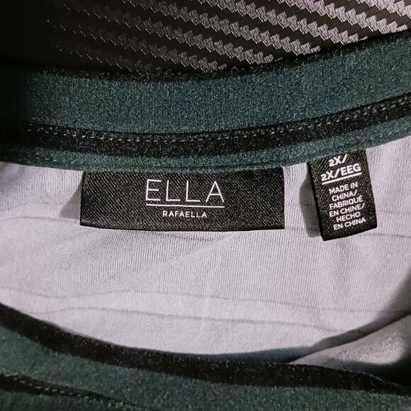 Ella‎ Rafaella Green/Black Striped Long Ruched Puff Sleeve Crew Neck Top Size 2X - Picture 8 of 11